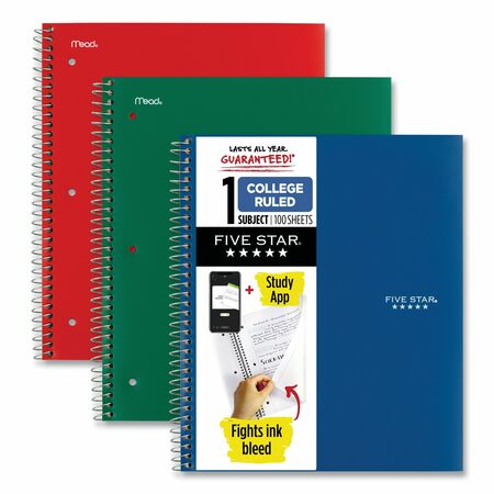 Five Star Wirebound Notebook, 1-Subject, Medium/College Rule, Assorted Cover Color, 100 11x8.5 Sheets, 3PK 820189